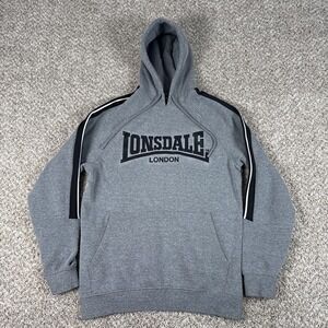 Lonsdale London Hoodie Mens Small Gray Pullover Sweatshirt Logo Stripe Sleeve